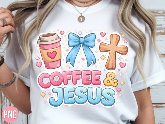 Coffee and Jesus Bow Cross Pink PNG T-Shirt Designs