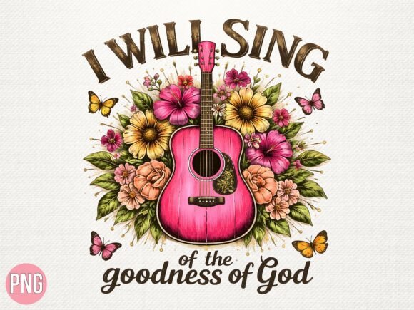 Floral Guitar Christian Worship PNG for T-Shirt Designs